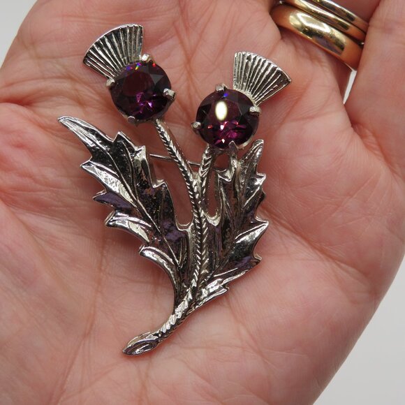 Scottish Thistle Silver Tone Purple Crystal Brooch - Picture 1 of 9